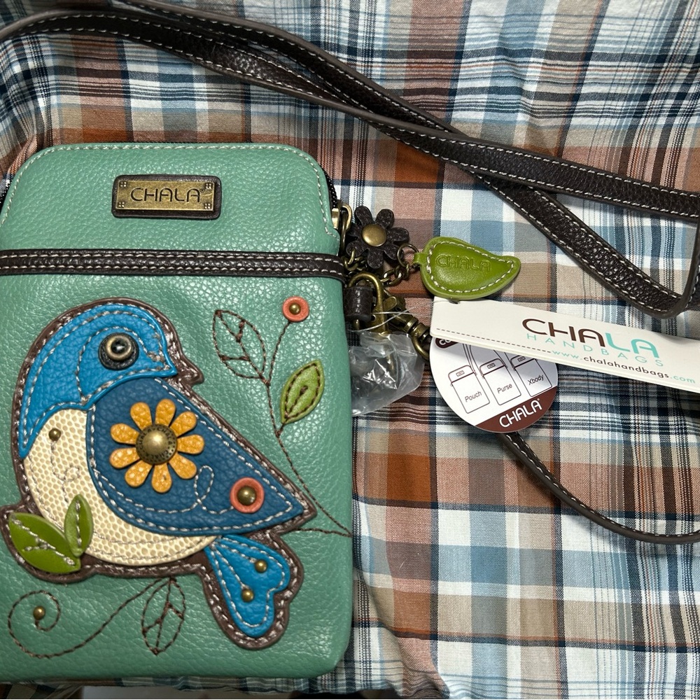 Chala Green Crossbody Bag with Blue Bird and Floral Accents